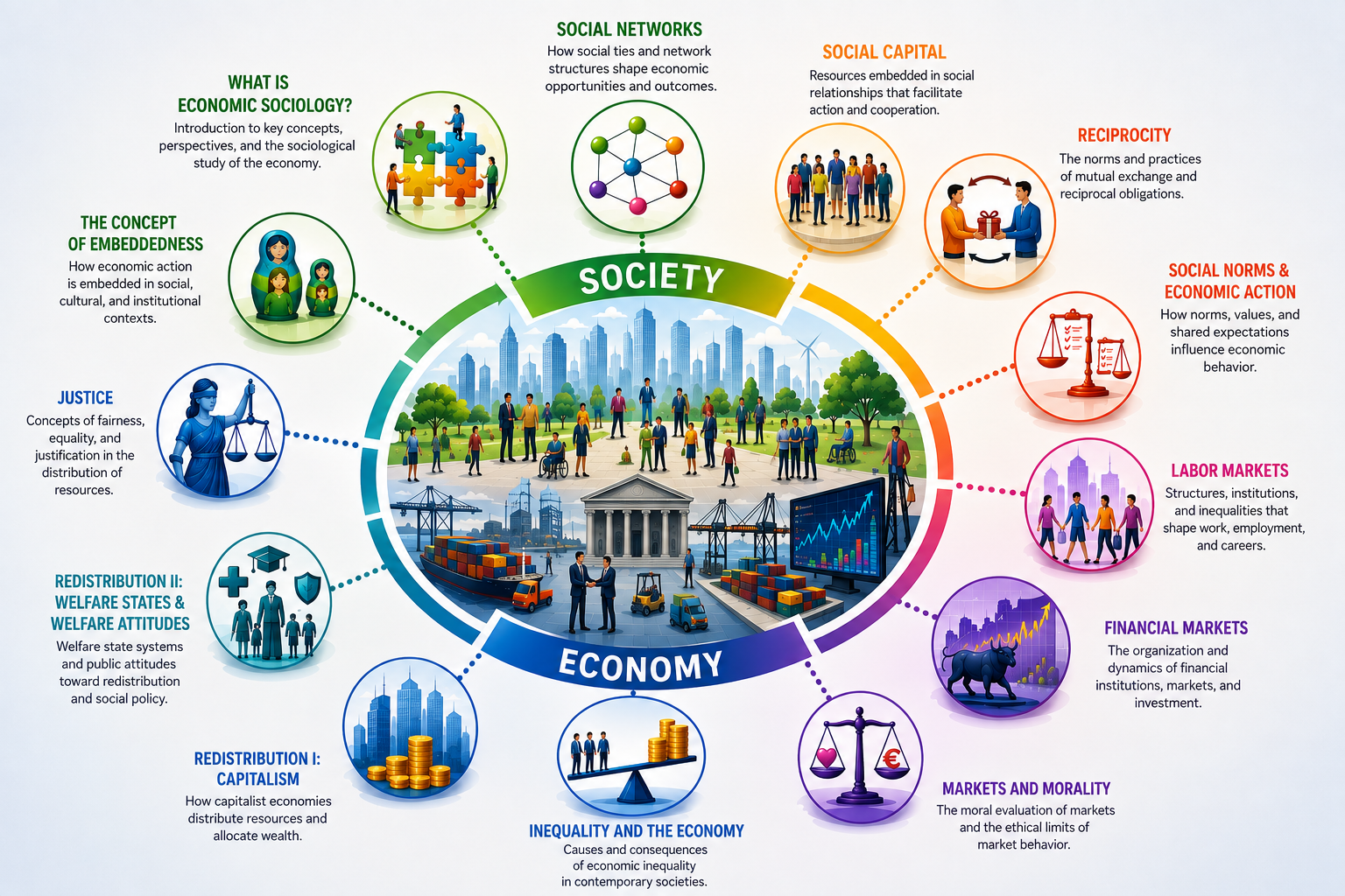 Economic sociology teaching topics infographic